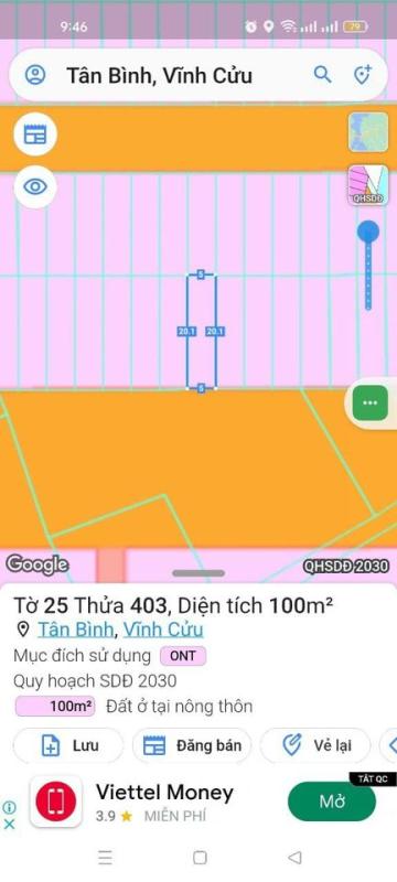 Đất kdc Lavender. F5 15 Xã Tân Bình, Vĩnh Cửu, Đồng Nai 100m2. 5x20