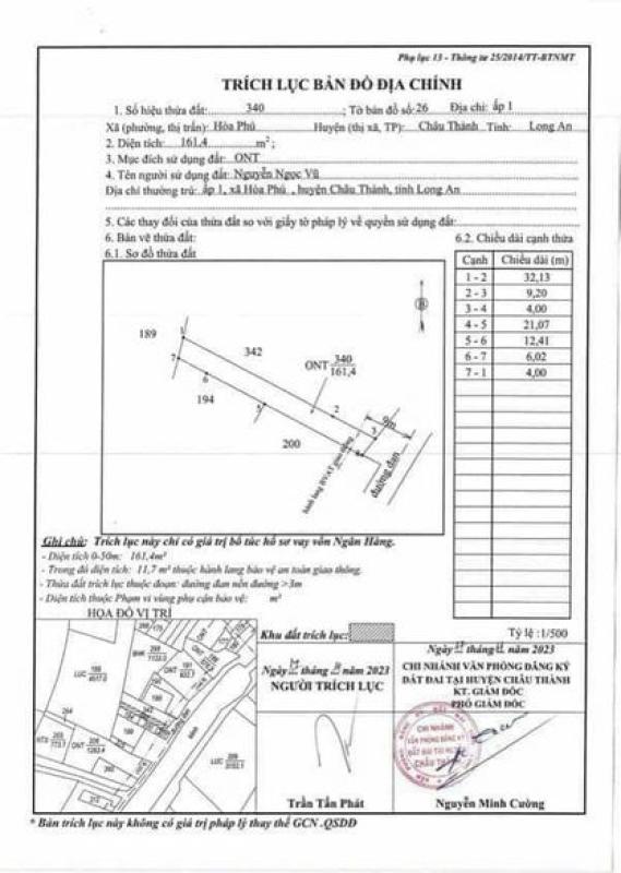 CHÍNH CHỦ CẦN BÁN ĐẤT THỔ NGAY TRẠM BOM HOÀ PHÚ, CHÂU THÀNH, LONG AN