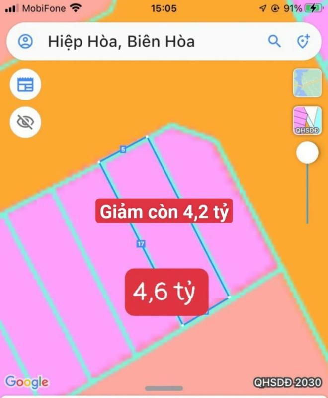 Chủ ngộp giảm 500 triệu còn 4,2 tỷ bán nhanh lô đất p hiệp Hòa , BH DN 